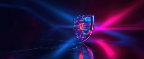 The digital shield glowing with binary code in a vibrant cyber environment. photo