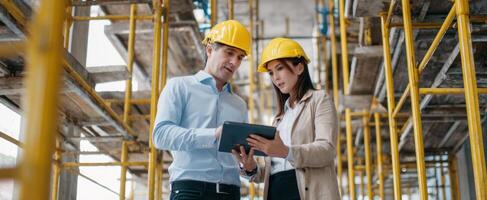 The construction professionals discussing plans with a digital tablet at the worksite. photo