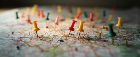The colorful pushpins highlighting various locations on a detailed map. photo