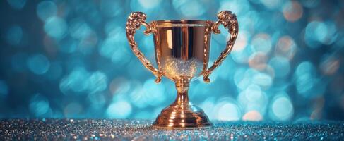 The shiny golden trophy shines brightly against a sparkling blue backdrop. photo