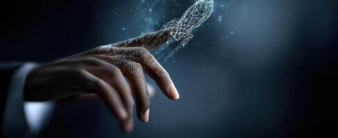 The hand igniting a digital rocket in a futuristic concept design. photo