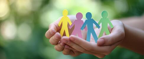 The vibrant paper figures symbolize unity and teamwork in a natural setting. photo