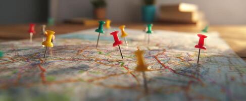 The colorful pins positioned on a detailed map for travel planning photo