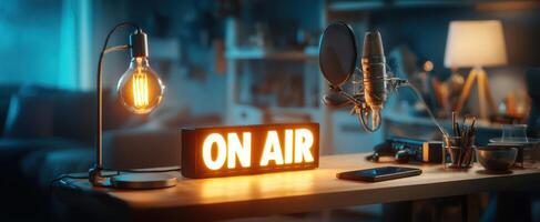 The modern broadcasting studio with cozy on-air ambiance and vintage elements. photo