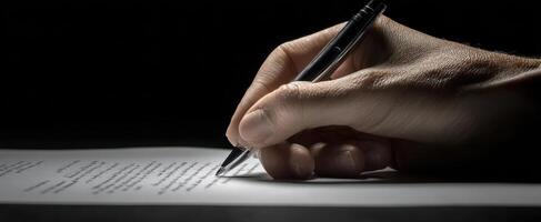 The art of writing with a pen on a white sheet in a dark setting. photo