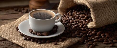 The rich aroma of coffee in a rustic setting with beans spilling. photo