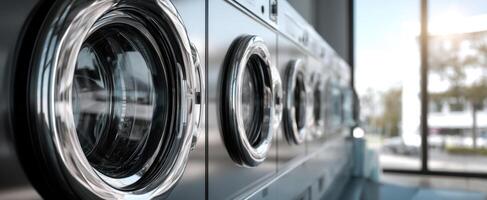 The modern washing machines in a bright and spacious laundromat environment. photo