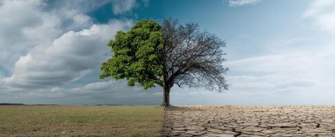The striking contrast of a vibrant green tree and a barren landscape. photo
