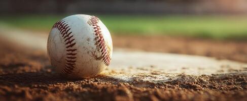 The baseball resting on the field's dirt as the sun sets in the background photo