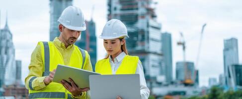 The construction professionals collaborating on a site with modern technology and safety gear. photo