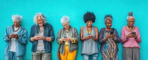 The diverse group of seniors enjoying their smartphones against a vibrant wall. photo