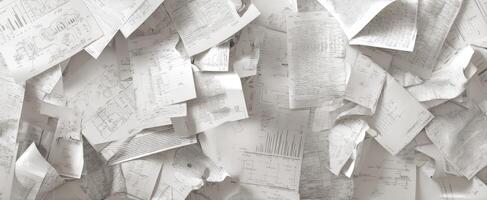 The chaotic arrangement of disorganized documents scattered across a surface. photo