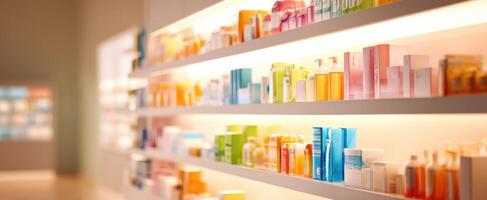 The vibrant shelves of skincare products in a modern retail space. photo