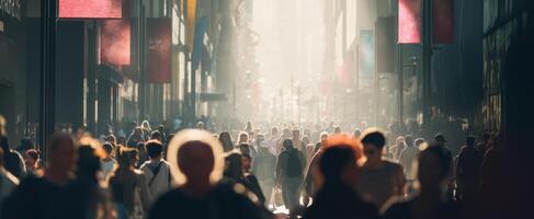 The bustling city street filled with sunlight and diverse crowds during the day. photo