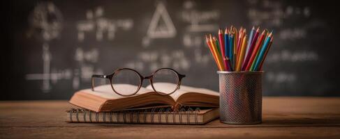 The arrangement of books and colorful pencils on a wooden desk photo