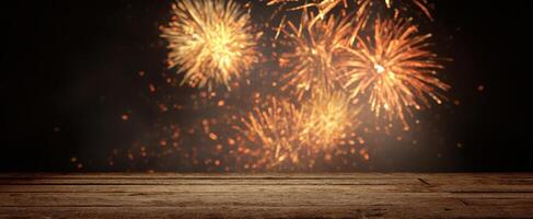 The Vibrant Fireworks Display Illuminating a Rustic Wooden Surface photo