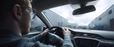 The driver navigating through an industrial urban landscape in a modern vehicle. photo