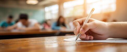 The student's hand writing during an important examination in the classroom. photo