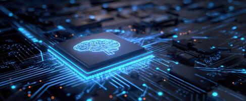 The Microchip Featuring an Illuminated Brain Symbol on a Circuit Board photo