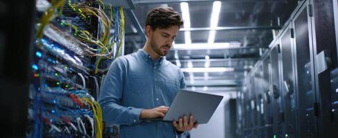 The technician managing data in a high-tech server room environment. photo