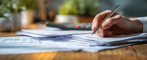 The hand writing on financial documents at a modern office desk photo