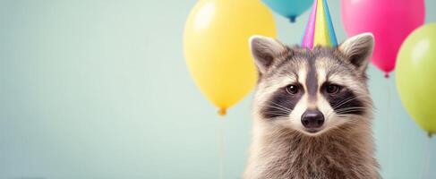 The Raccoon Celebrating a Birthday Party with Colorful Balloons and a Party Hat photo