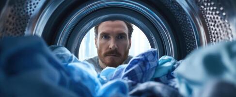 The Man Observing Laundry Inside a Washing Machine Door photo