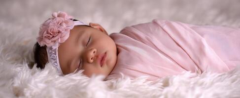 The adorable baby girl peacefully sleeping on a soft, fluffy blanket. photo