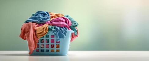 The laundry basket overflowing with colorful garments on a simple background. photo