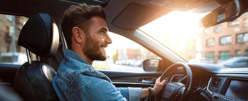 The joyful man driving a car through an urban landscape during sunset. photo