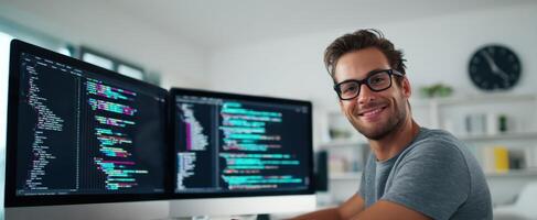 The smiling programmer coding on dual monitors in a modern workspace. photo