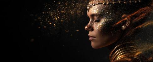The golden portrait of a woman surrounded by ethereal sparkles and light. photo
