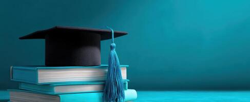 The graduation cap resting atop a stack of books on a blue background. photo