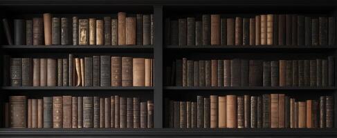 The timeless beauty of a vintage book collection on a dark wooden shelf. photo