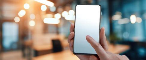 The smartphone held in a hand against a modern, stylish workspace background. photo