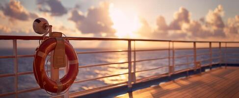 The lifebuoy overlooking a serene ocean sunset on a cruise ship deck. photo