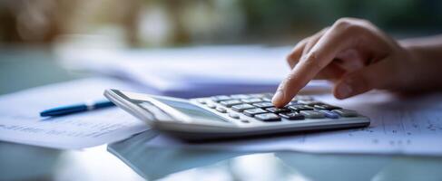 The calculator in use on a desk surrounded by financial documentation. photo