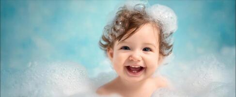 The joyful baby in a bubble bath enjoying a moment of happiness. photo