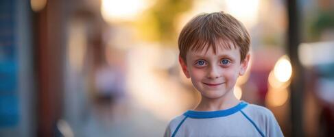 The smiling boy with blue eyes enjoying a sunny day outdoors. photo