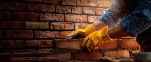 The skilled builder laying bricks with precision and care. photo