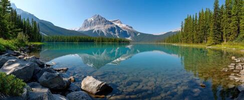 The stunning mountain reflection in a tranquil lake surrounded by lush pine forests. photo