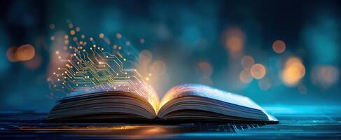 The Open Book Illuminated by Digital Light and Technology Concepts photo