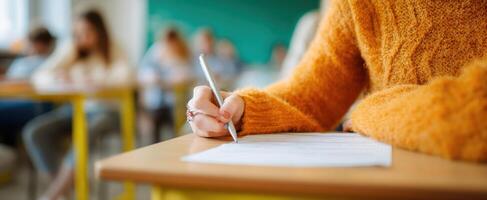 The student writing in a classroom during an examination. photo