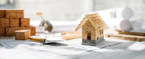The detailed model house surrounded by architectural plans and tools on a workspace. photo