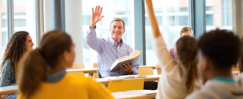 The enthusiastic teacher engaging with students in an interactive classroom setting. photo