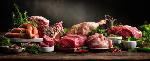 The vibrant assortment of fresh meats and herbs on a rustic wooden table. photo
