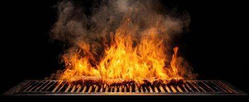 The Grilling Process with Flames Dancing Over Juicy Meat on a Barbecue. photo