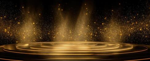 The illuminated golden stage with dazzling light effects and shimmering particles photo