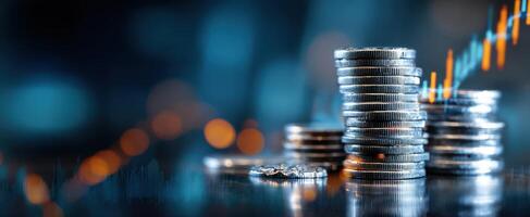 The stacks of coins with an upward financial growth trend in the background. photo