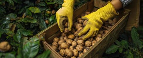 The hands of a worker gathering fresh walnuts in a wooden box. photo
